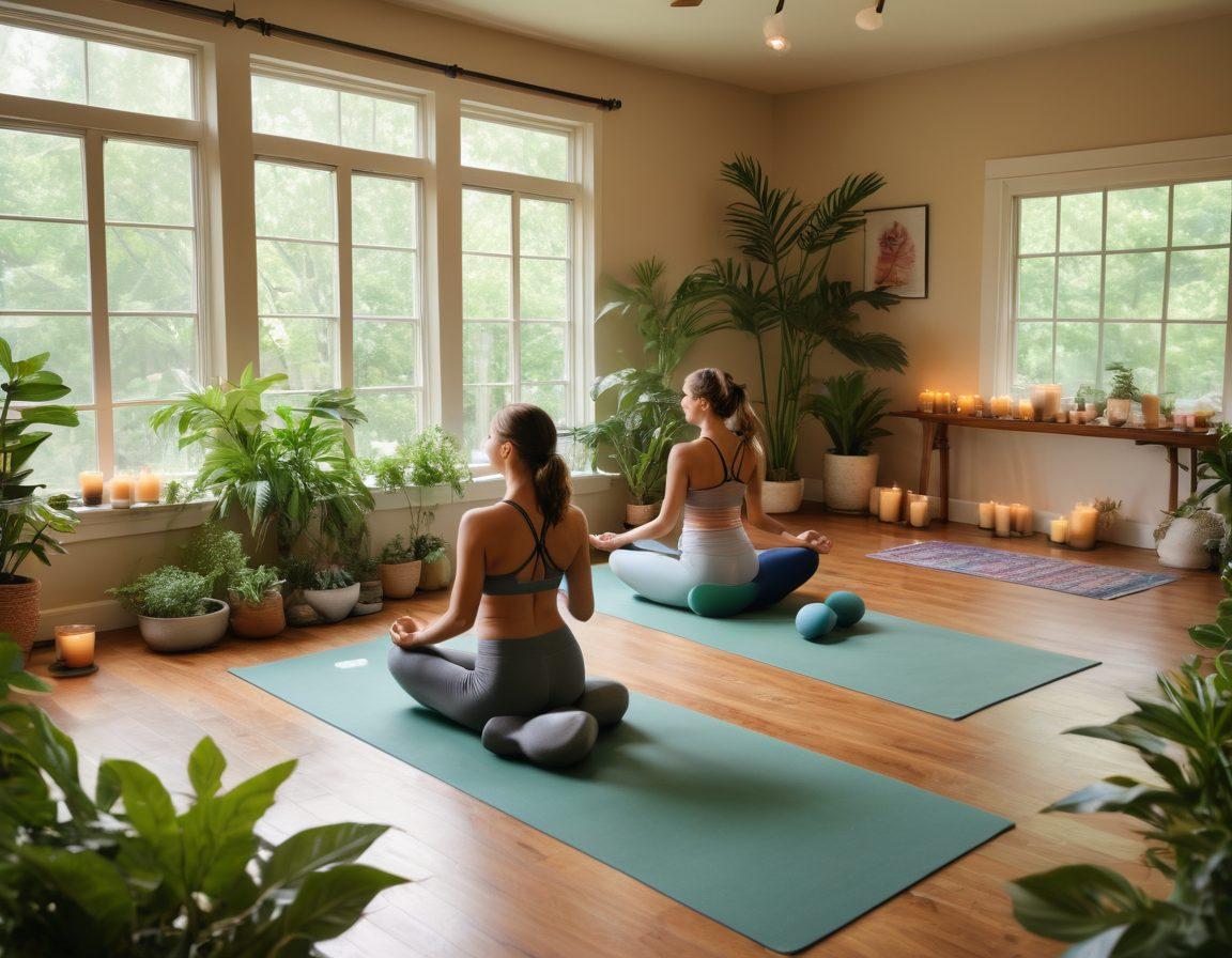 A serene and inviting wellness space featuring a diverse group of individuals practicing yoga and meditation under soft, natural light. Surround them with lush greenery, healing crystals, and healthy food options in a cozy setting. Include calming elements like candles and gentle flowing water to evoke tranquility and hope. The scene should inspire positivity and resilience in the face of recovery. super-realistic. vibrant colors. soft-focus.