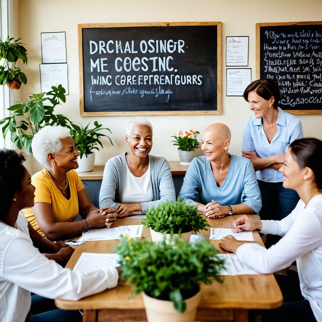 A heartwarming scene showing a diverse group of cancer survivors of different ages and backgrounds, joyfully engaging in a support group session in a bright, welcoming room filled with plants and inspirational quotes on the walls. Include elements like a table with informational brochures about wellness, a chalkboard with positive affirmations, and some artistic potted flowers symbolizing growth and resilience. The atmosphere should convey hope, community, and empowerment. super-realistic. warm colors. inviting ambiance.